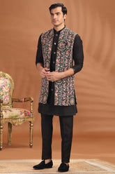 Black Silk Paisley Printed and Sequin Worked Jacket Indo Wester Set